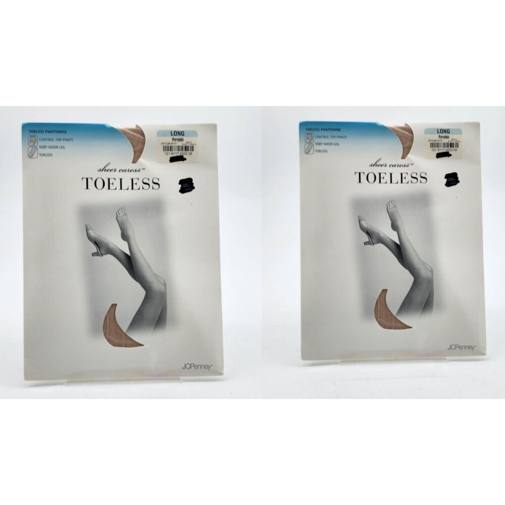 x2 JC Penney Sheer Caress Control Top Toeless Pantyhose Porcelain Size Long